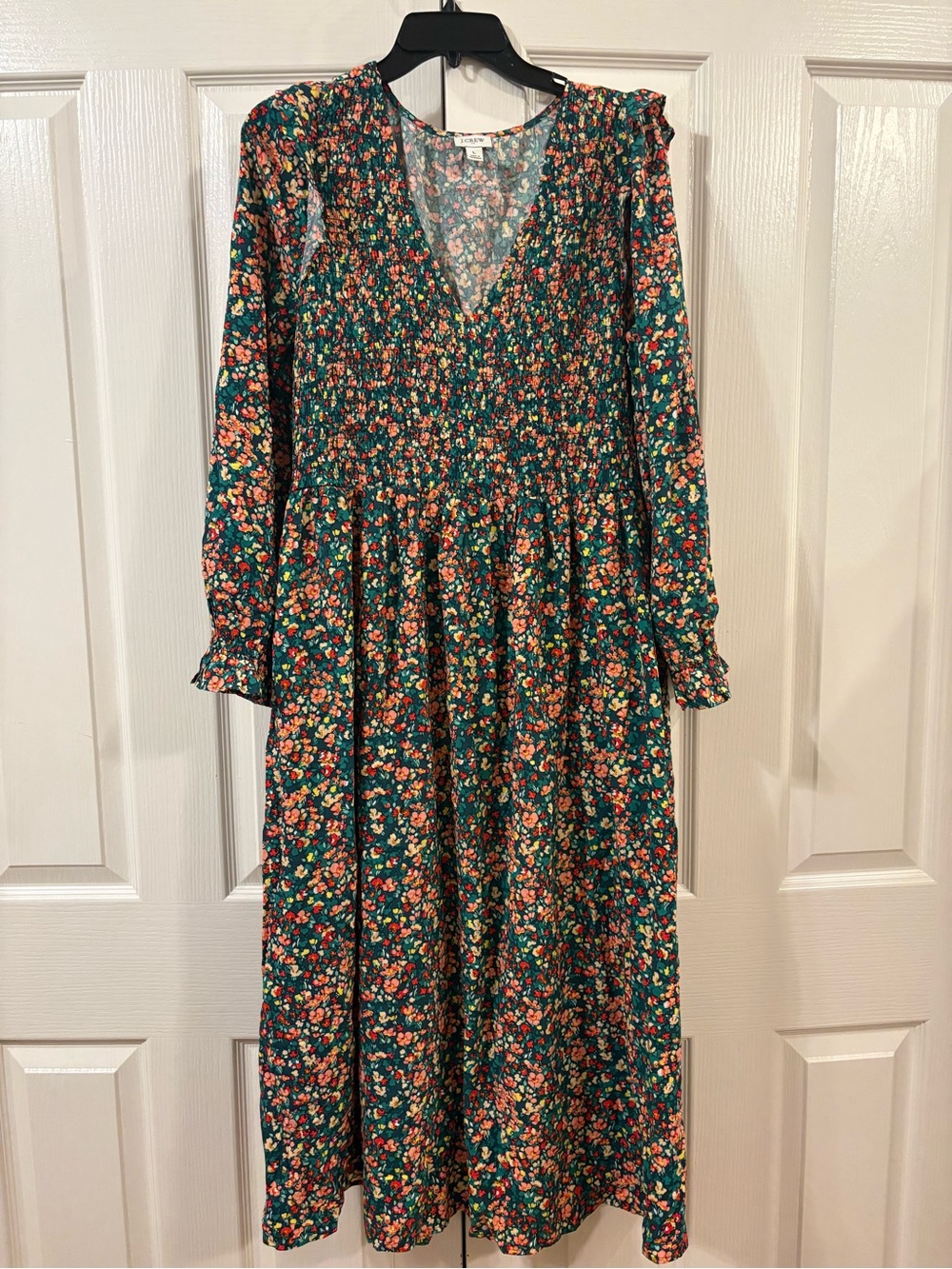 J.Crew V-Neck Smocked Midi Dress L Green Floral Cottagecore Prairie modest BK526